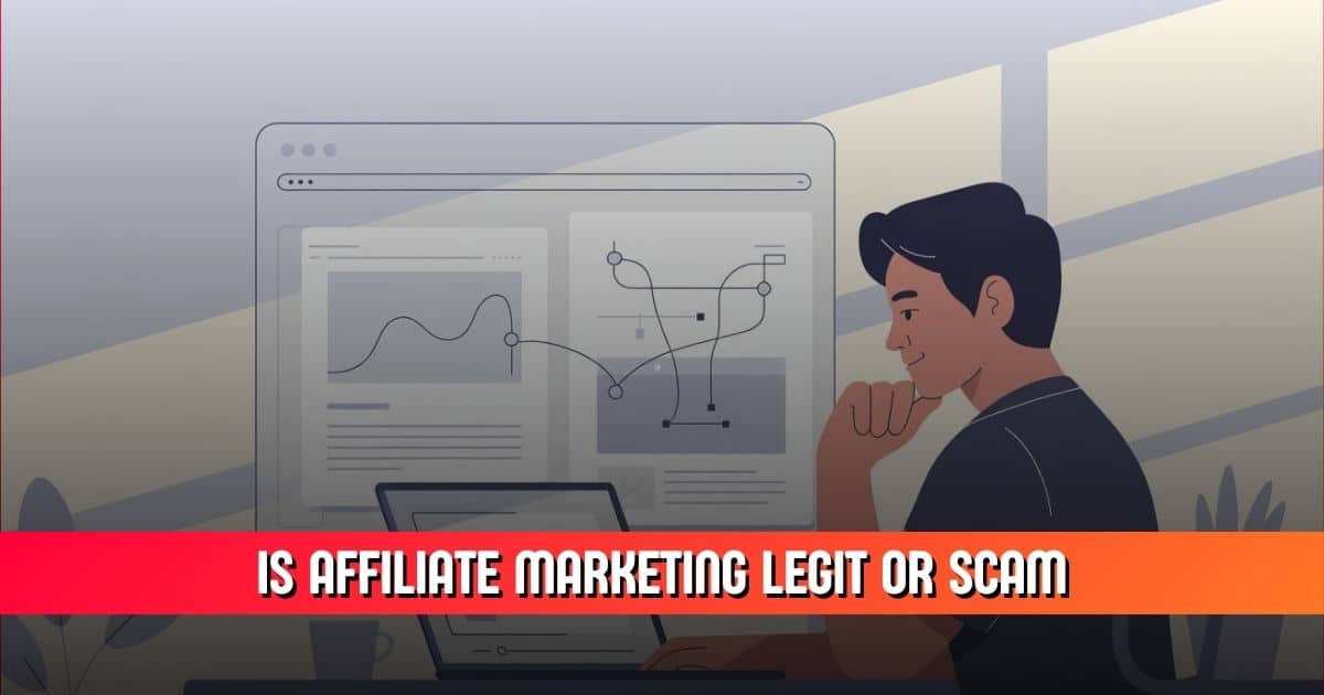 A clean, modern illustration showing a beginner working on a laptop at a desk, thinking is affiliate marketing legit or a scam.